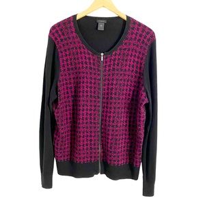 Ann Taylor Factory Purple & Black Houndstooth Zip Front Sweater, Size XL